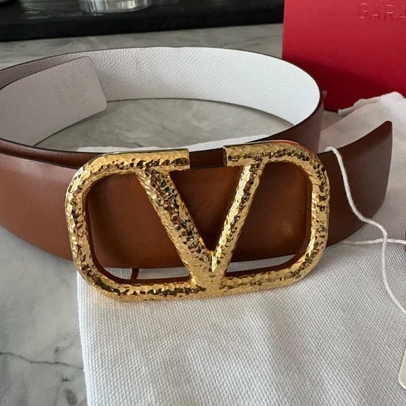 Valentino Tan/white Leather Belt with Gold hammered Logo Buckle - Picture 4 of 11